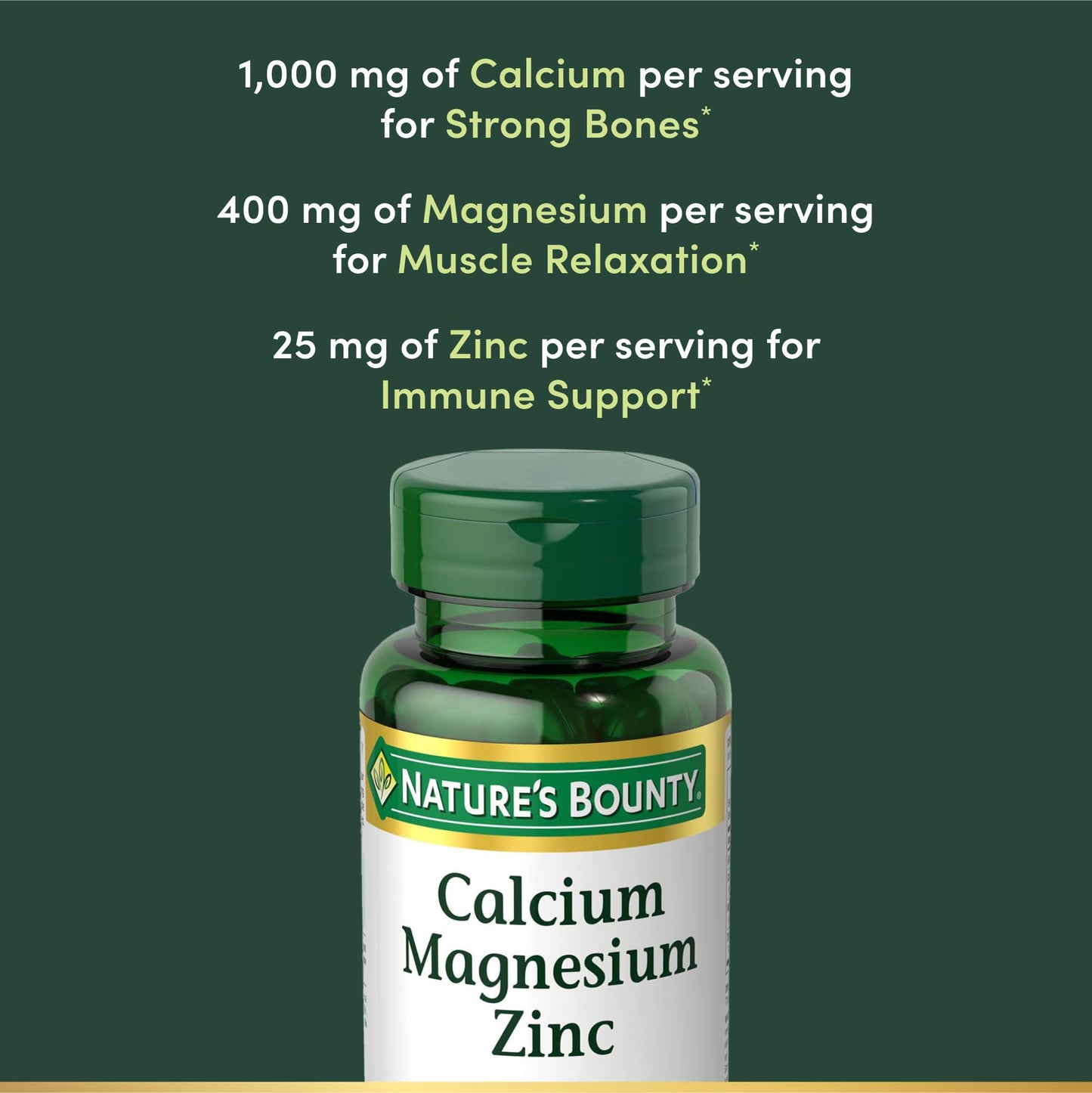 Nature's Bounty Calcium Magnesium Zinc Caplets – Bone & Immune Health, 1000mg Calcium, 400mg Magnesium, 600 IU Vitamin D, Gluten Free | 100 Caplets