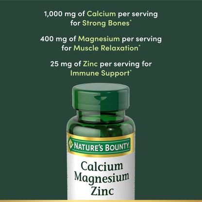 Nature's Bounty Calcium Magnesium Zinc Caplets – Bone & Immune Health, 1000mg Calcium, 400mg Magnesium, 600 IU Vitamin D, Gluten Free | 100 Caplets