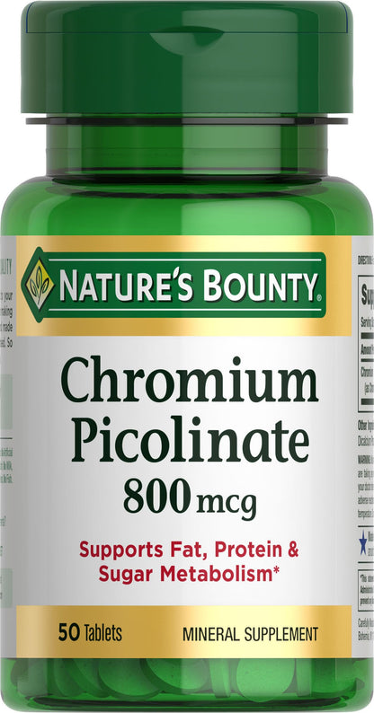 Nature's Bounty Chromium Picolinate 800 mcg | Supports Carbohydrate, Fat & Protein Metabolism | 50 Tablets