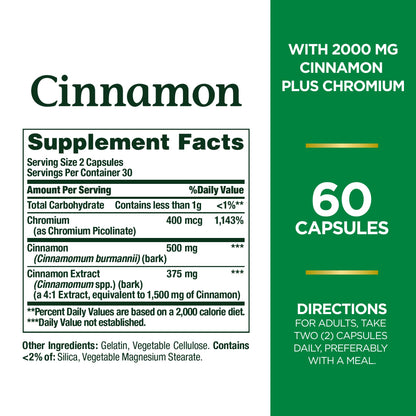 Nature's Bounty Cinnamon 2000 mg Plus Chromium – Sugar Metabolism Support, 60 Capsules
