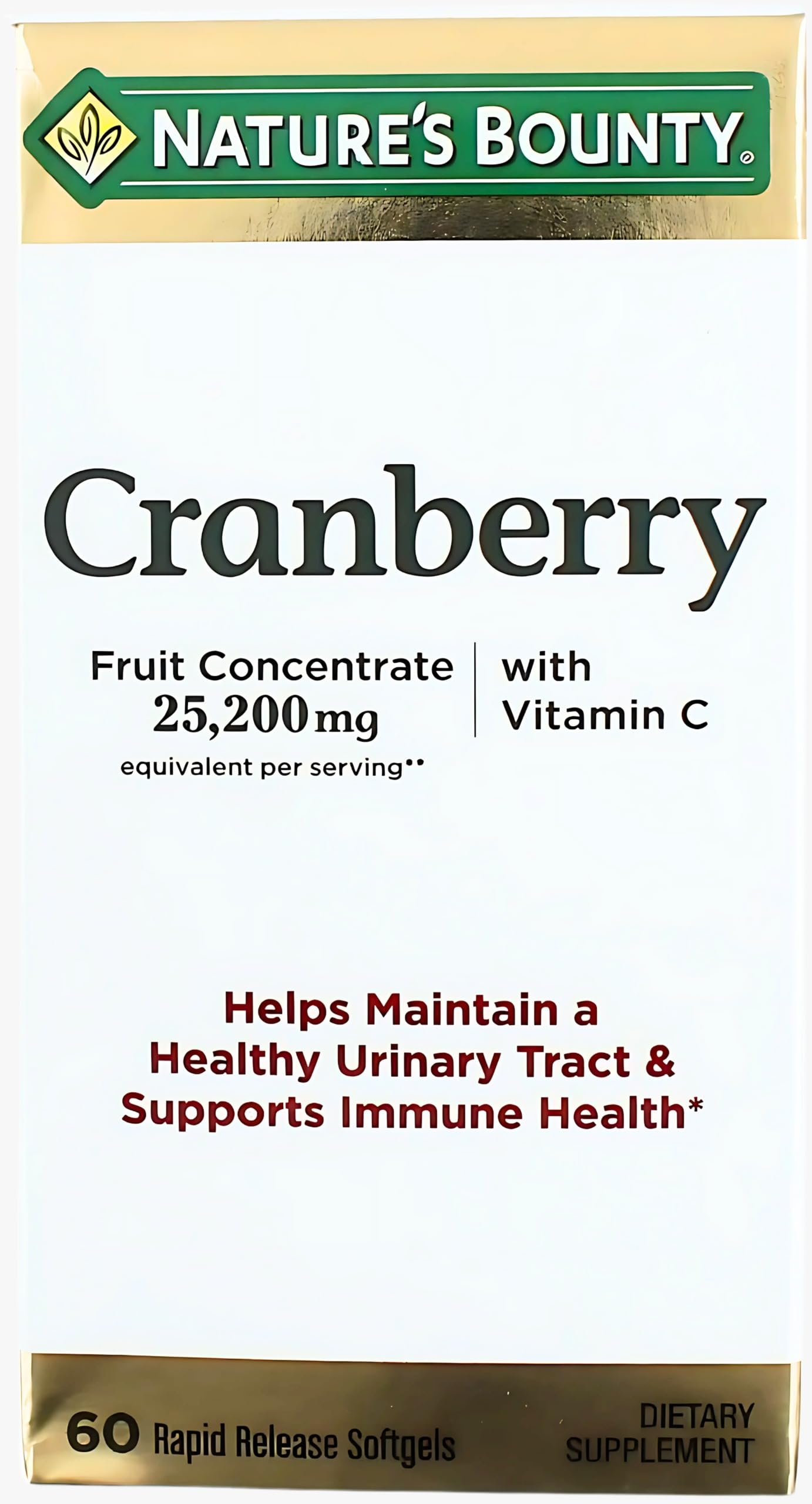 Nature's Bounty Cranberry Dietary Supplement – Urinary Tract & Immune Support, 60 Softgels, 25,200 mg