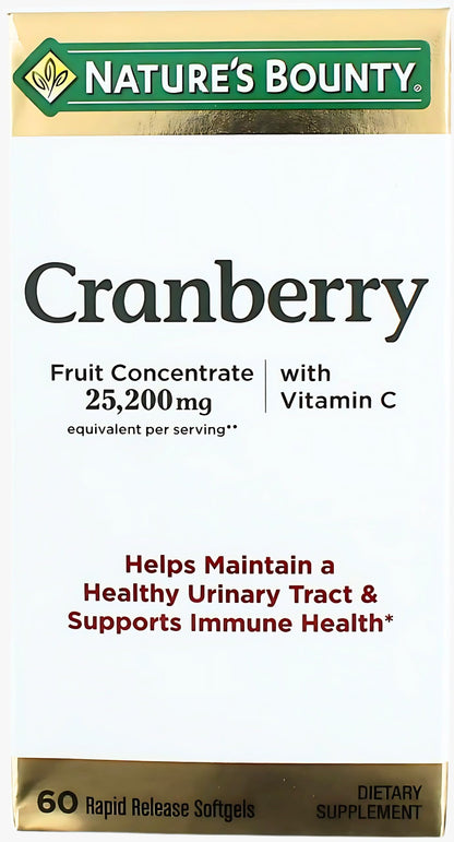 Nature's Bounty Cranberry Dietary Supplement – Urinary Tract & Immune Support, 60 Softgels, 25,200 mg