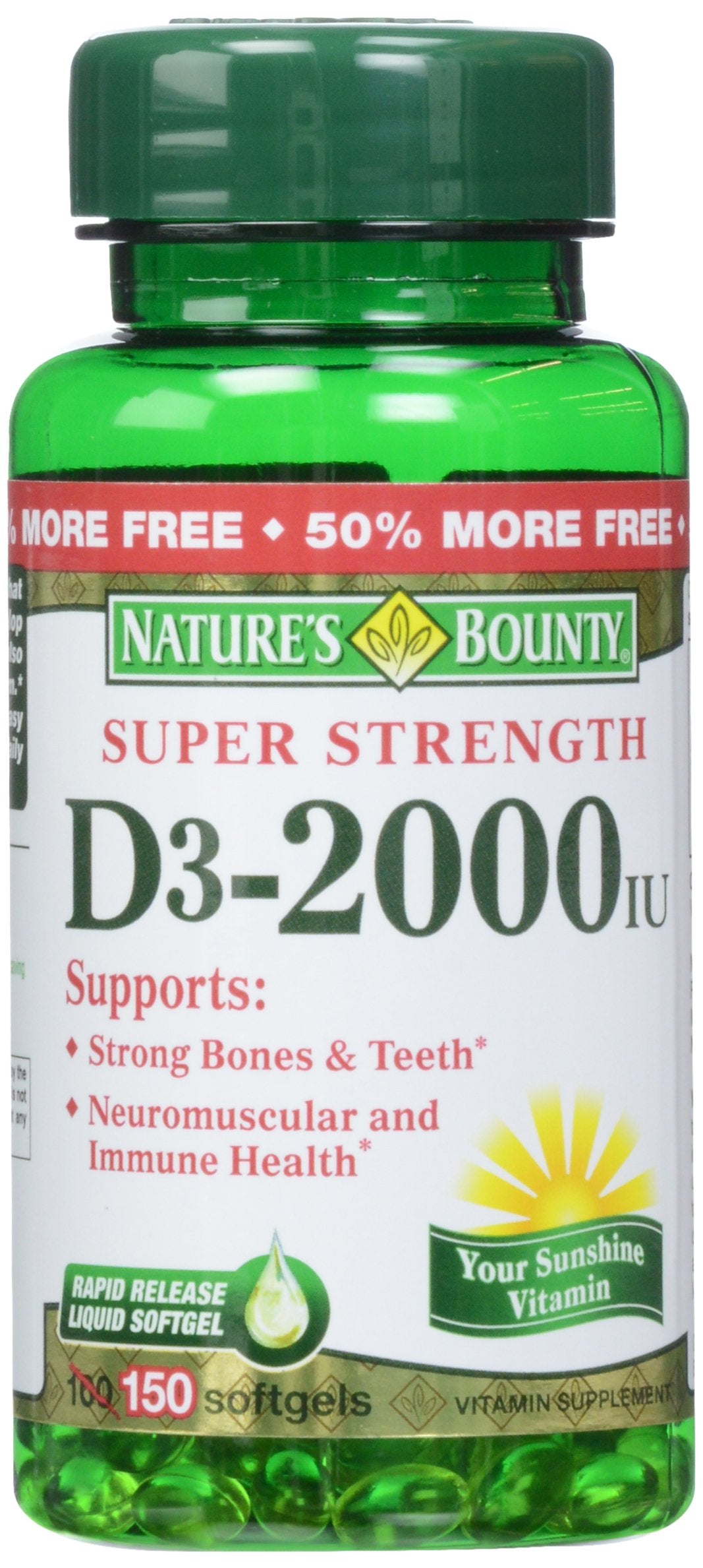 Nature's Bounty Vitamin D3 2000 IU Softgels – 150 Count