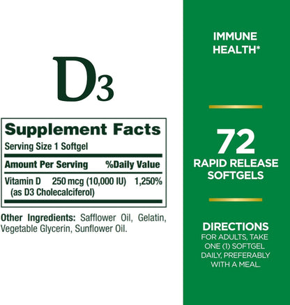 Nature's Bounty D3-10,000 IU Softgels 72 ea (Pack of 4) – Vitamin D3 Supplement