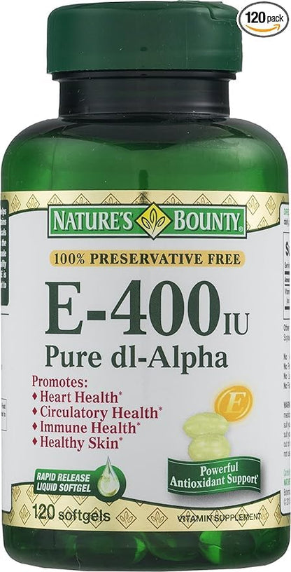 Nature's Bounty E-400 IU Pure dl-Alpha Softgels, 120 Count | Vitamin E Antioxidant & Immune Support