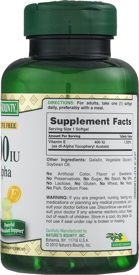 Nature's Bounty E-400 IU Pure dl-Alpha Softgels, 120 Count | Vitamin E Antioxidant & Immune Support