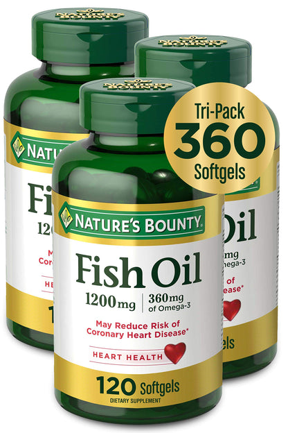 Nature's Bounty Fish Oil 1200 mg | 360 mg EPA/DHA per Softgel | 3 Pack (360 Softgels)