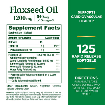 Nature's Bounty Flaxseed & Omega-3 1200mg Softgels - Cardiovascular Health, 125 ct