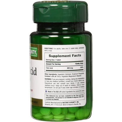 Nature's Bounty Folic Acid 800 mcg – Maximum Strength Vitamin Supplement (250 Tablets, Pack of 2)