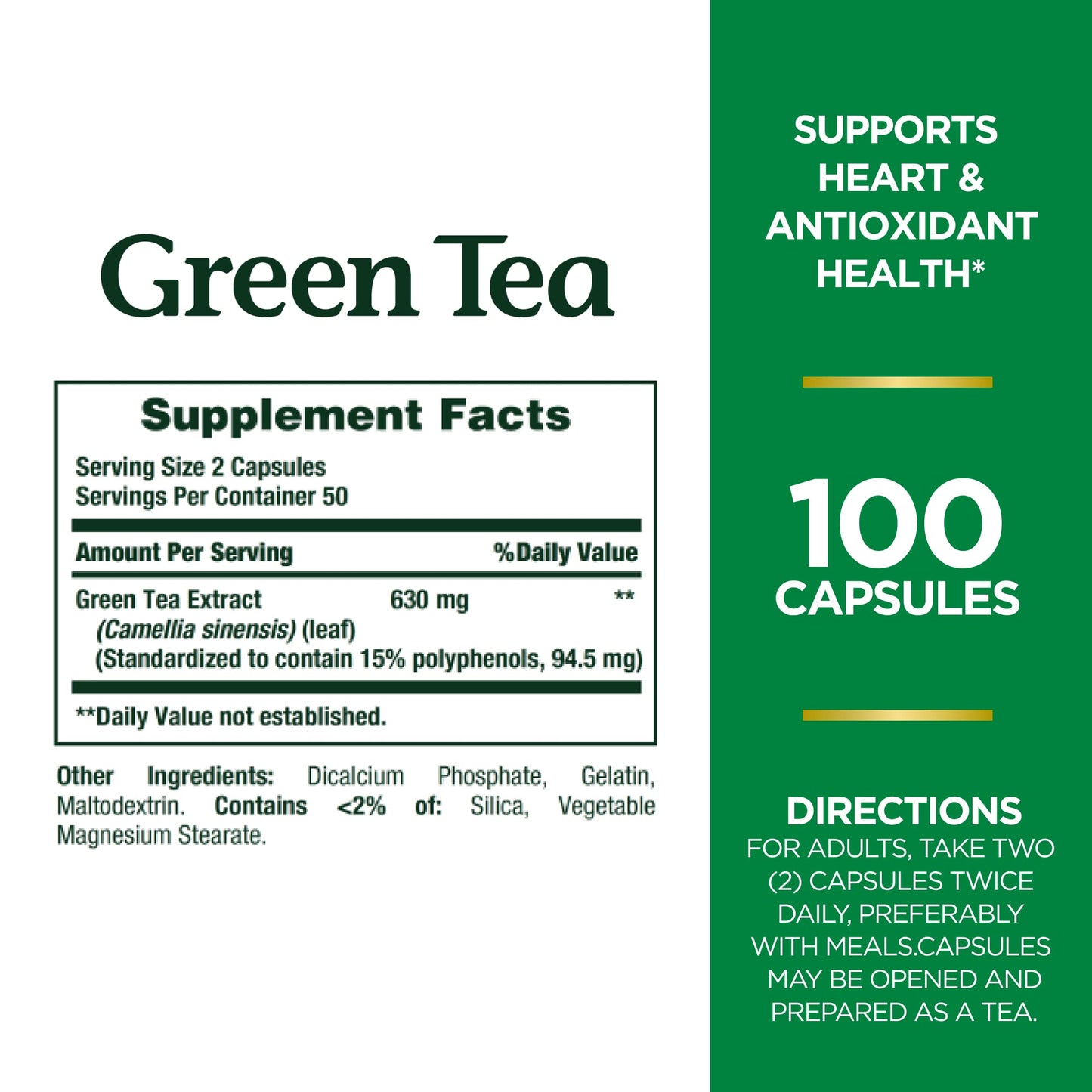 Nature's Bounty Green Tea Pills - Heart Health & Antioxidant Support, 315mg, 100 Capsules