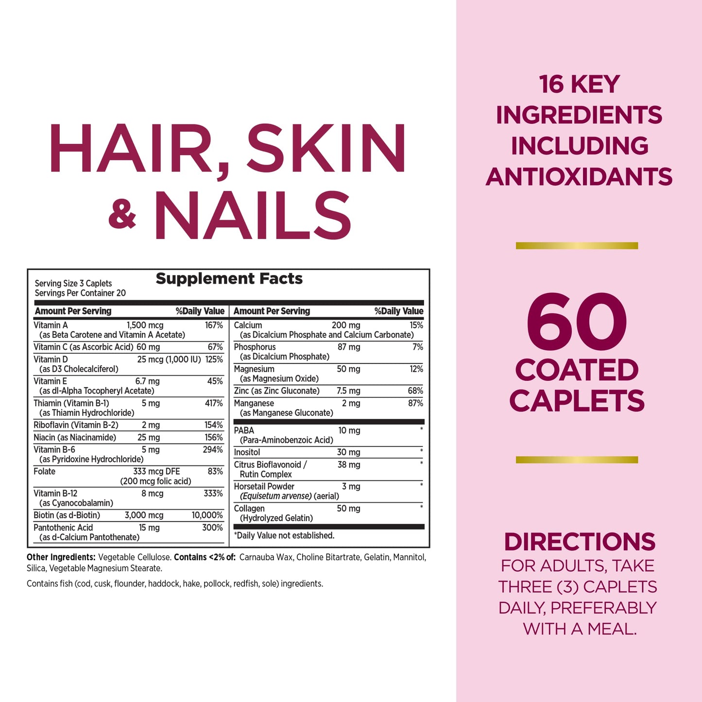 Nature's Bounty Hair, Skin & Nails Formula – 3,000 mcg Biotin, 60 Caplets