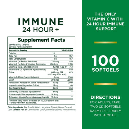 Nature's Bounty Immune 24 Hour+ Ester-C Vitamin C 1000mg Softgels with Zinc & Vitamin D - 100 Count