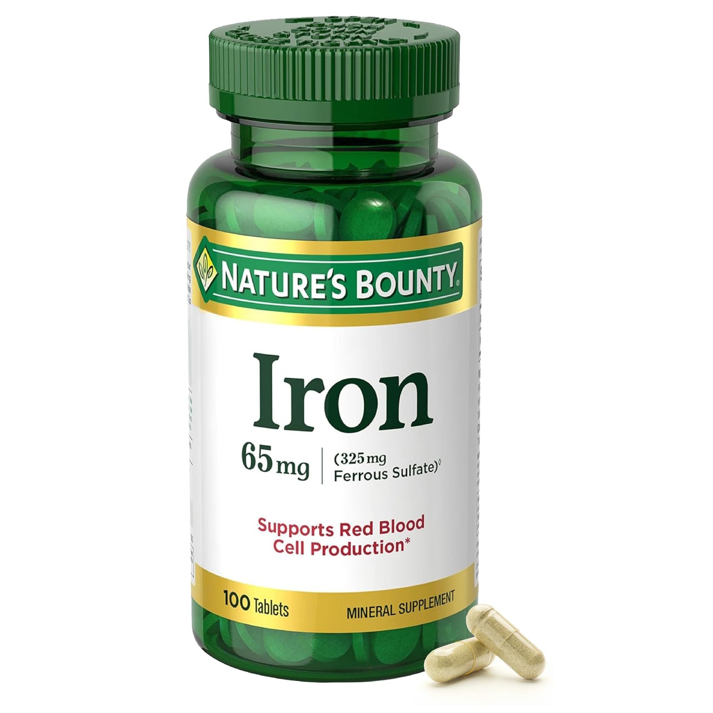 Nature's Bounty Iron 65 mg | Ferrous Sulfate 325 mg | Gluten Free, 100 Vegetarian Tablets