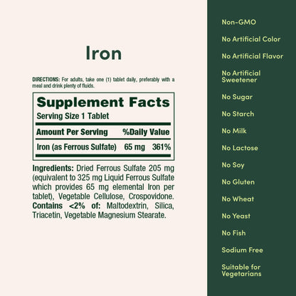 Nature's Bounty Iron 65 mg | Ferrous Sulfate 325 mg | Gluten Free, 100 Vegetarian Tablets
