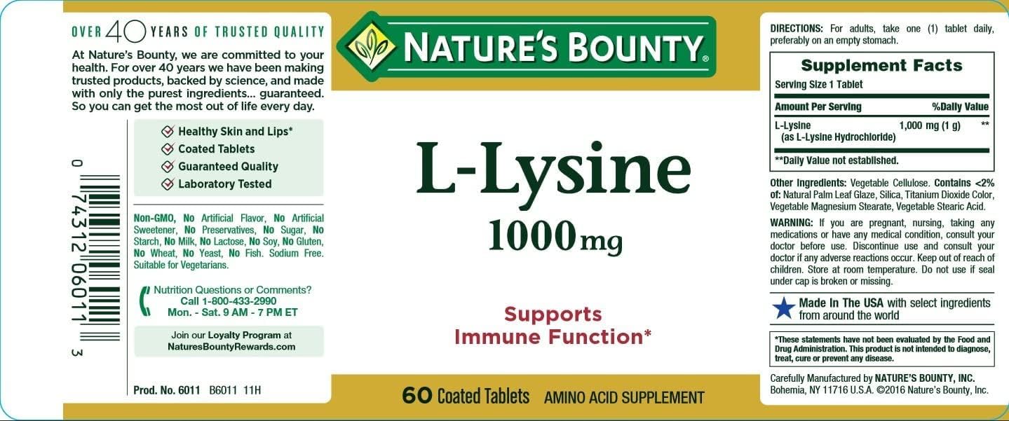 Nature's Bounty L-Lysine 1000 mg Tablets – 60 ea (Pack of 4)