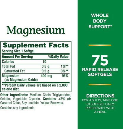 Nature's Bounty Magnesium 400 mg Softgels - 75 ea (2-pack)