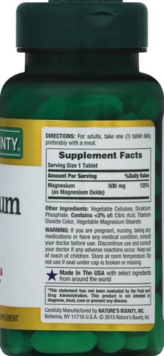 Nature's Bounty Magnesium 500 mg Tablets - 100 Count | Vegetarian, Non-GMO