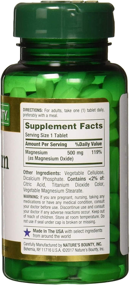 Nature's Bounty Magnesium 500 mg Tablets - 100 Count | Vegetarian, Non-GMO
