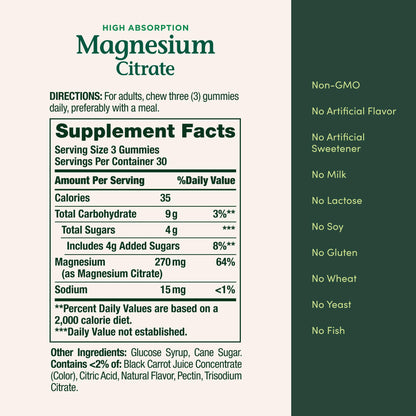 Nature's Bounty Magnesium Citrate Gummies – 270mg per Serving, Raspberry, Vegan, Non-GMO (90 Count)