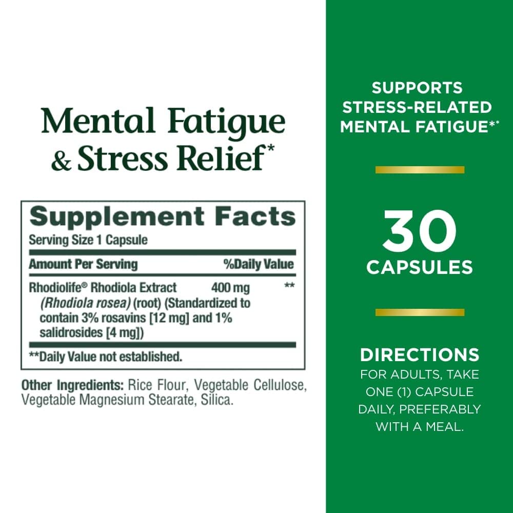 Nature's Bounty Mental Fatigue & Stress Relief — Rhodiola 400 mg, 30 Capsules
