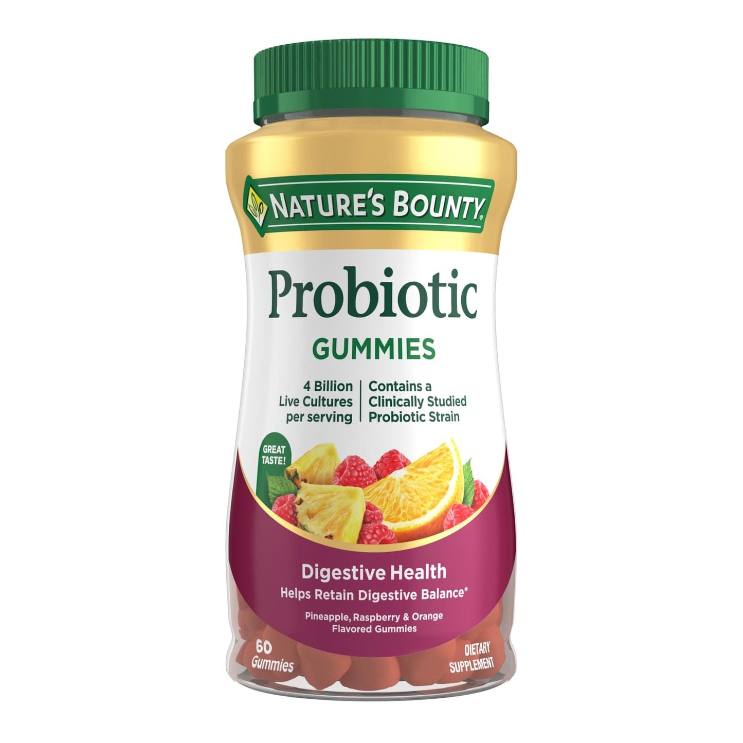 Nature's Bounty Probiotic Gummies - Immune Support & Digestive Health, Pineapple/Raspberry/Orange, 60 Count