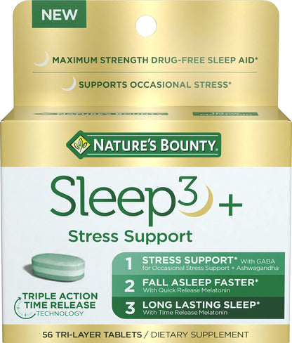 Nature’s Bounty Sleep3+ Stress Support – Maximum-Strength, Drug-Free Sleep Aid with 10 mg Melatonin, Time-Release, 56 Tri-Layered Tablets