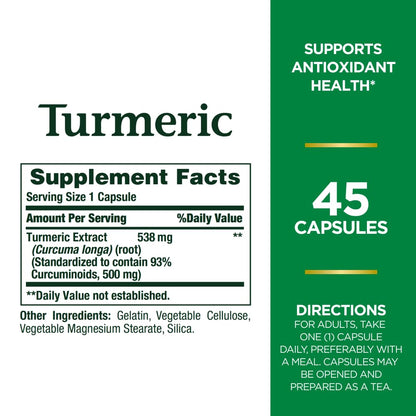 Nature's Bounty Turmeric Pills – 538 mg, 45 Capsules | Antioxidant Health