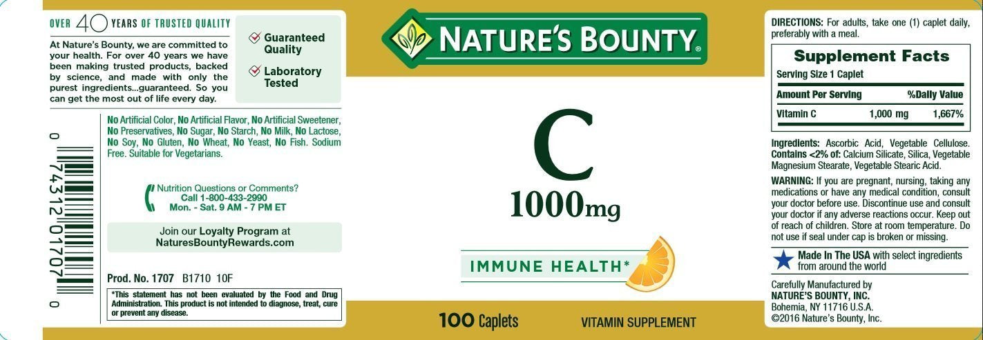 Nature's Bounty Vitamin C 1000 mg, 100 Caplets — Pack of 2 | Immune Support