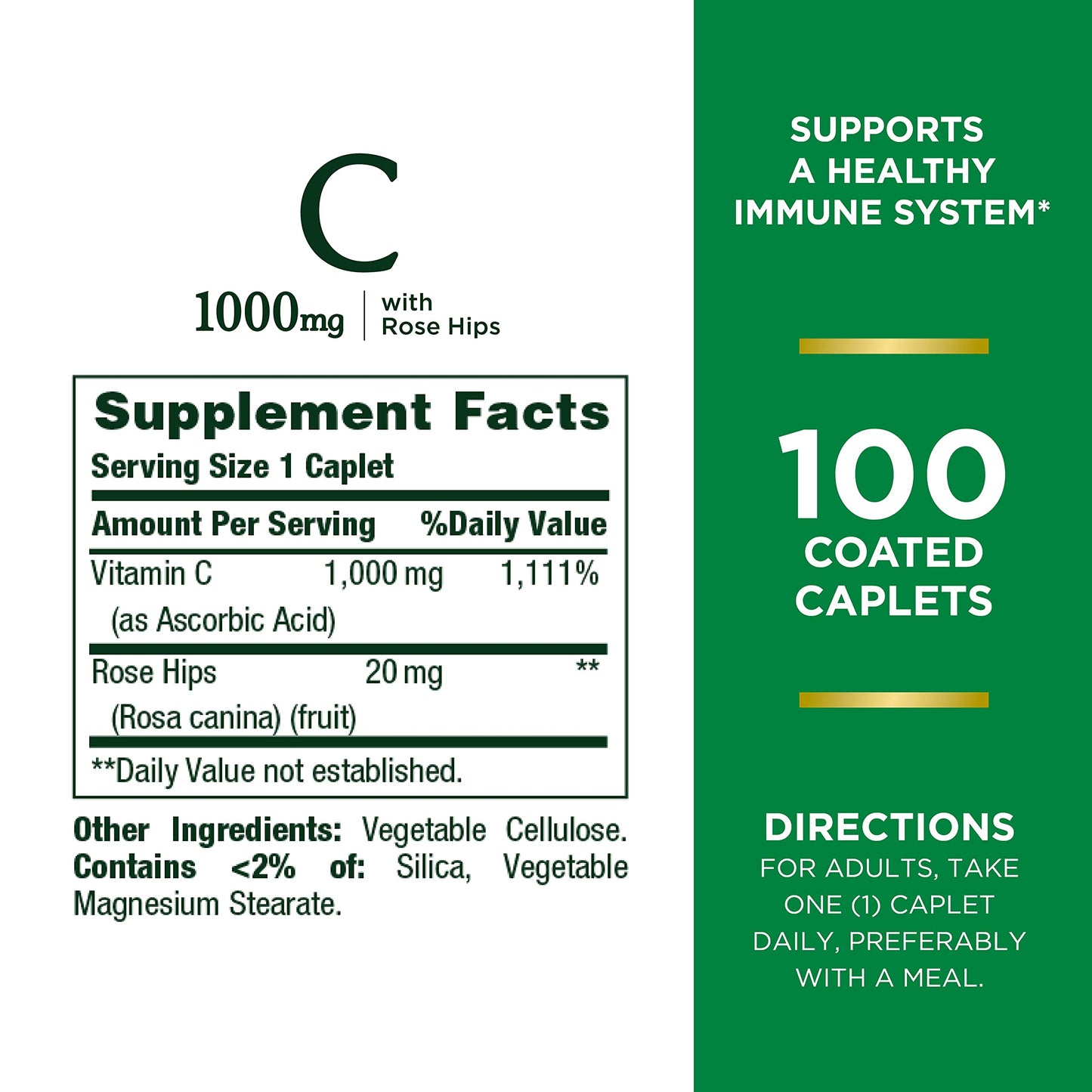 Nature's Bounty Vitamin C + Rose Hips Caplets 1000 mg | Immune Support | 100 Ct