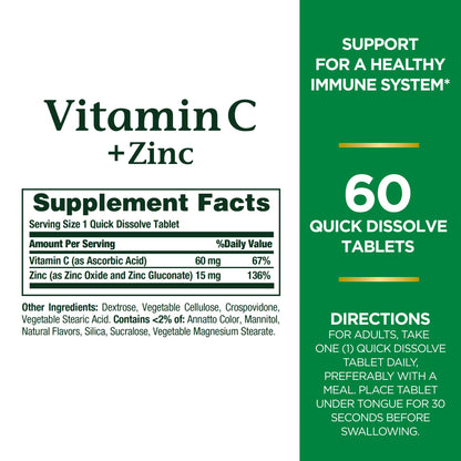 Nature's Bounty Vitamin C + Zinc – Immune Support Supplement, 60 Tablets