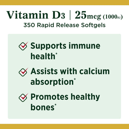 Nature's Bounty Vitamin D3 1000 IU Softgels – 350 Count