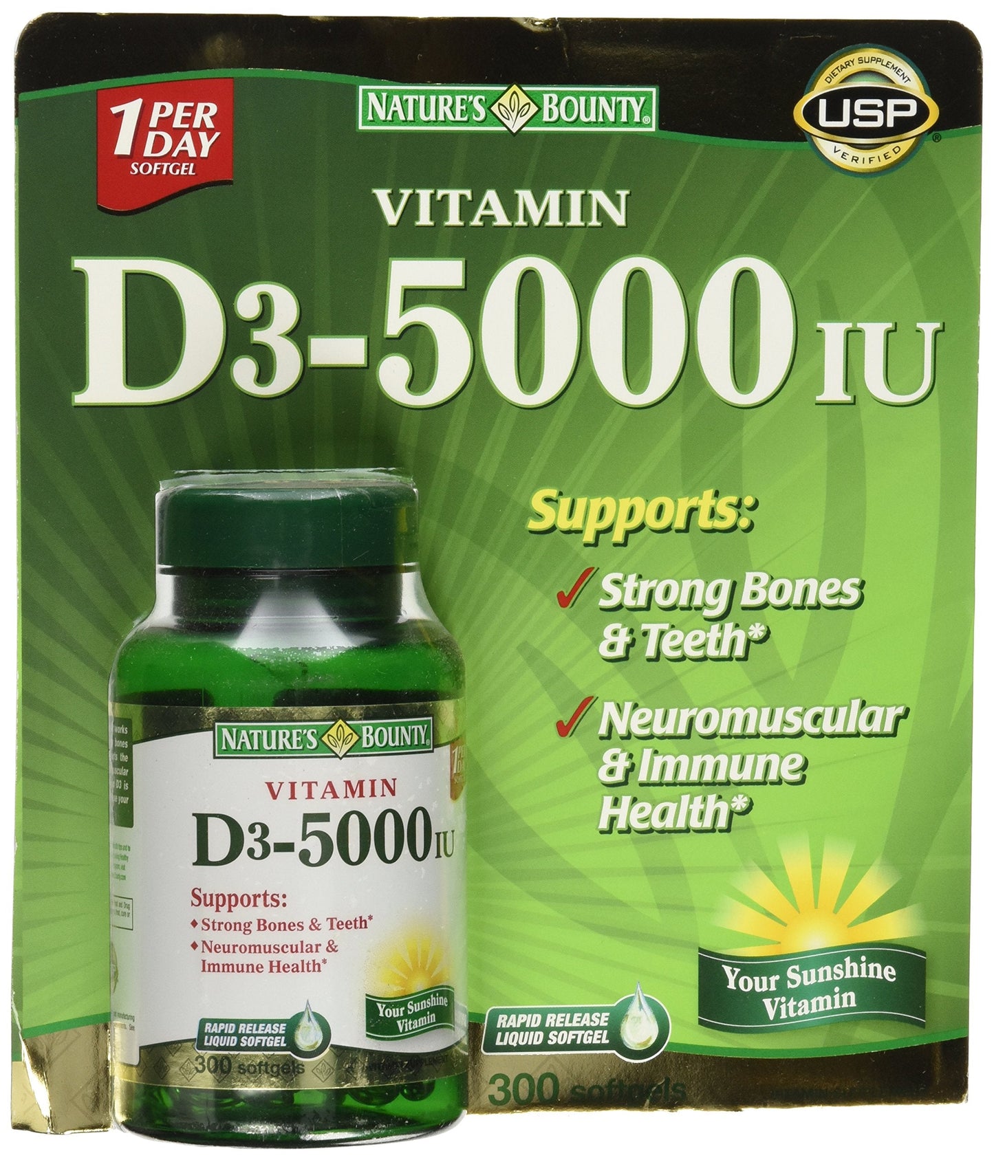Nature's Bounty Vitamin D3 5000 IU, 300 Softgels | Supports Bones & Immune Health