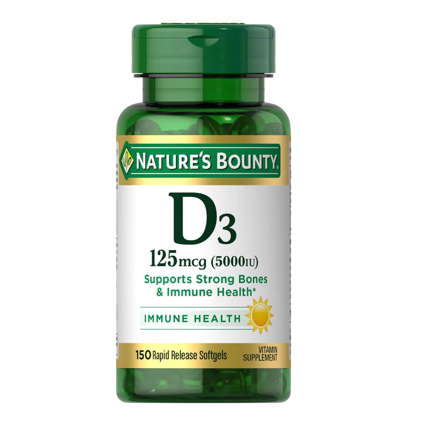 Nature's Bounty Vitamin D3 5000 IU Softgels, Rapid Release, Immune Support, Vitamin D Supplements, 150 Count