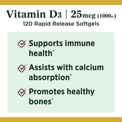Nature's Bounty Vitamin D3 1000IU Softgels - Immune Support & Bone Health, 360-Count Tri-Pack