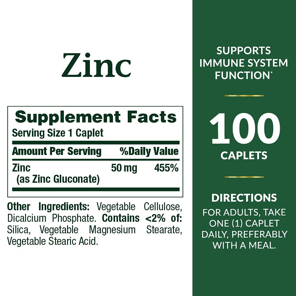 Nature's Bounty Zinc 50 mg Caplets – Unflavored, 100 Count (Pack of 2)