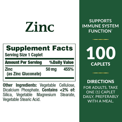 Nature's Bounty Zinc 50 mg Caplets – Unflavored, 100 Count (Pack of 2)