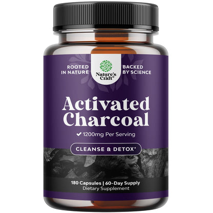 Natures Craft Activated Charcoal Pills Detox & Cleanse – 1200 mg per Serving, 180 Count