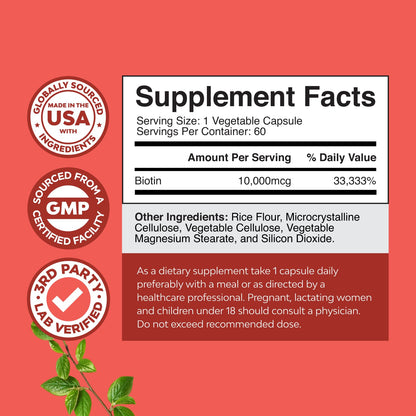 Natures Craft 10000 mcg Biotin Pills for Hair, Nails & Skin | Vegetarian Capsules