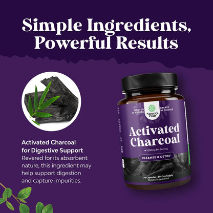 Natures Craft Activated Charcoal Pills – 1200mg Detox & Bloating Relief (90 Count)