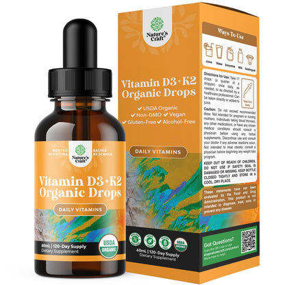 Natures Craft Vitamin D3 with K2 Drops for Adults - Organic, 2000IU, Vegan