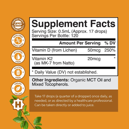 Natures Craft Vitamin D3 with K2 Drops for Adults - Organic, 2000IU, Vegan