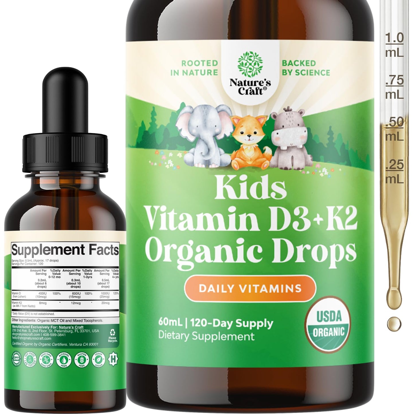 Natures Craft Kids Vitamin D3 K2 Drops – Organic Vitamin D for Strong Bones | 60 ml