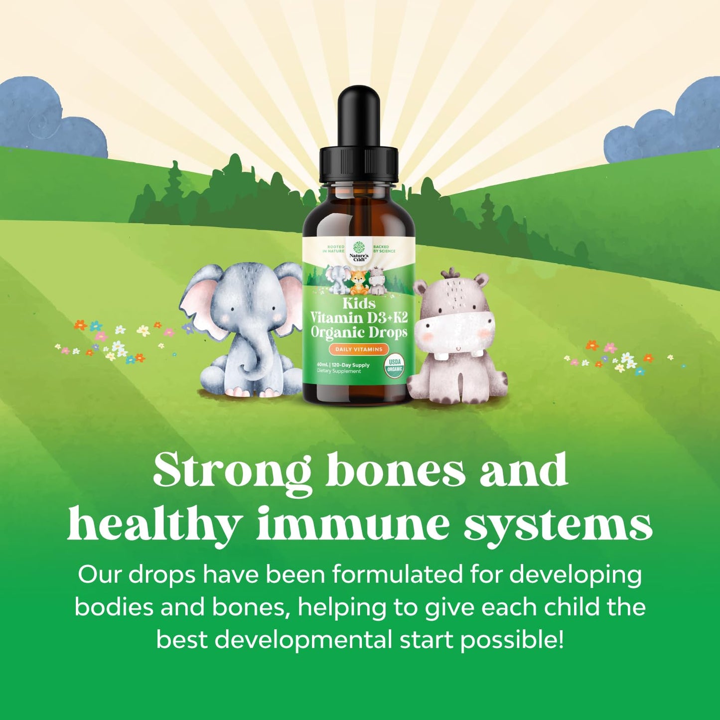 Natures Craft Kids Vitamin D3 K2 Drops – Organic Vitamin D for Strong Bones | 60 ml