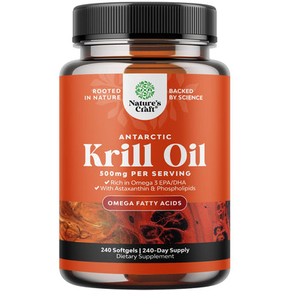 Natures Craft Antarctic Krill Oil 500mg Softgels – EPA DHA & Astaxanthin | 240 Count | 3rd Party Lab Tested