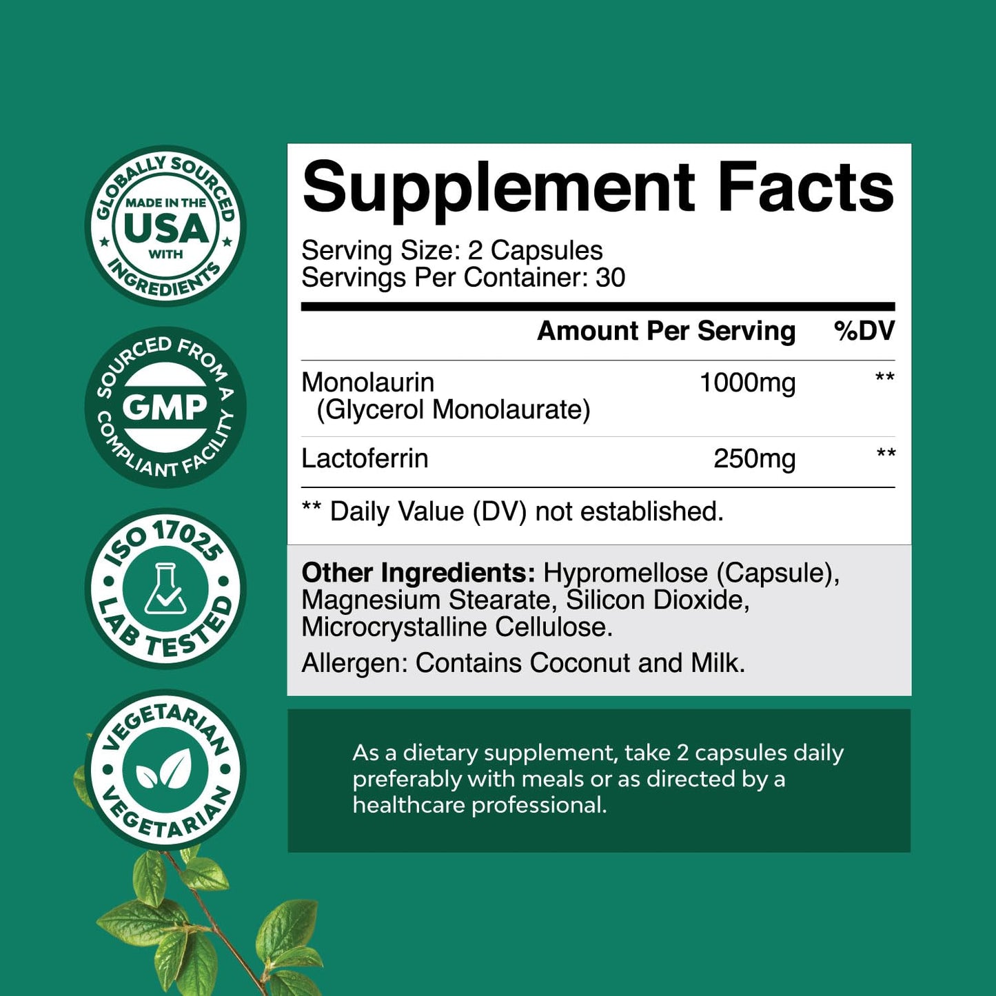 Lactoferrin 250mg & Monolaurin 1000mg - 30 Servings - Gut Health (Vegetarian)