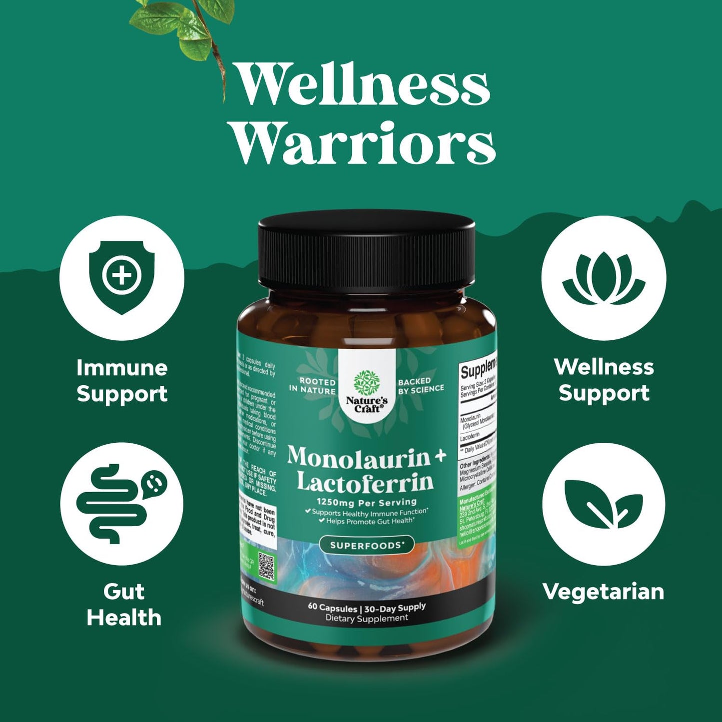 Lactoferrin 250mg & Monolaurin 1000mg - 30 Servings - Gut Health (Vegetarian)