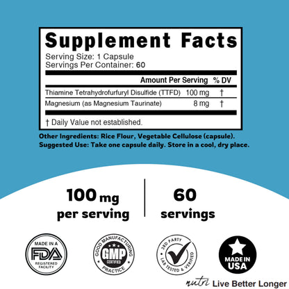 Nature's Fusions TTFD Thiamine B1 100mg - 60 Servings + 8mg Magnesium | Lab Tested