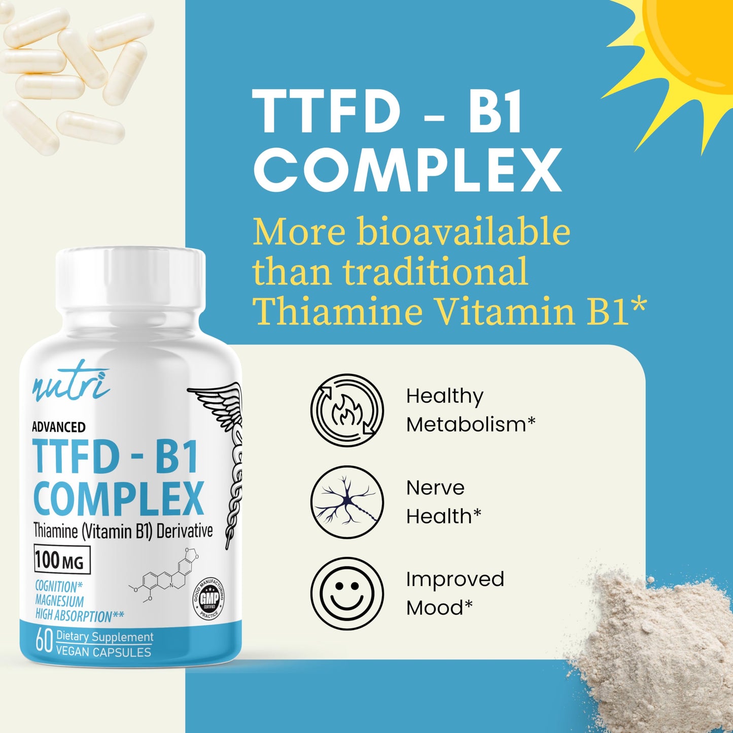 Nature's Fusions TTFD Thiamine B1 100mg - 60 Servings + 8mg Magnesium | Lab Tested