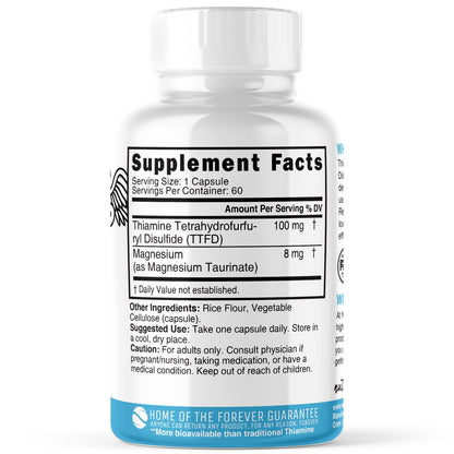 Nature's Fusions TTFD Thiamine B1 100mg - 60 Servings + 8mg Magnesium | Lab Tested