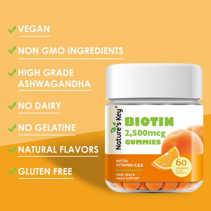 Nature's Key Biotin Gummies with Vitamin C & E – Vegan, 60 Count